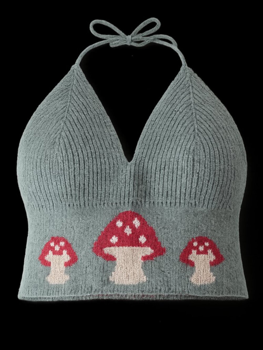 Mushroom Knit Halter Crop Top Sage Green Cottagecore Fairy Grunge Boho